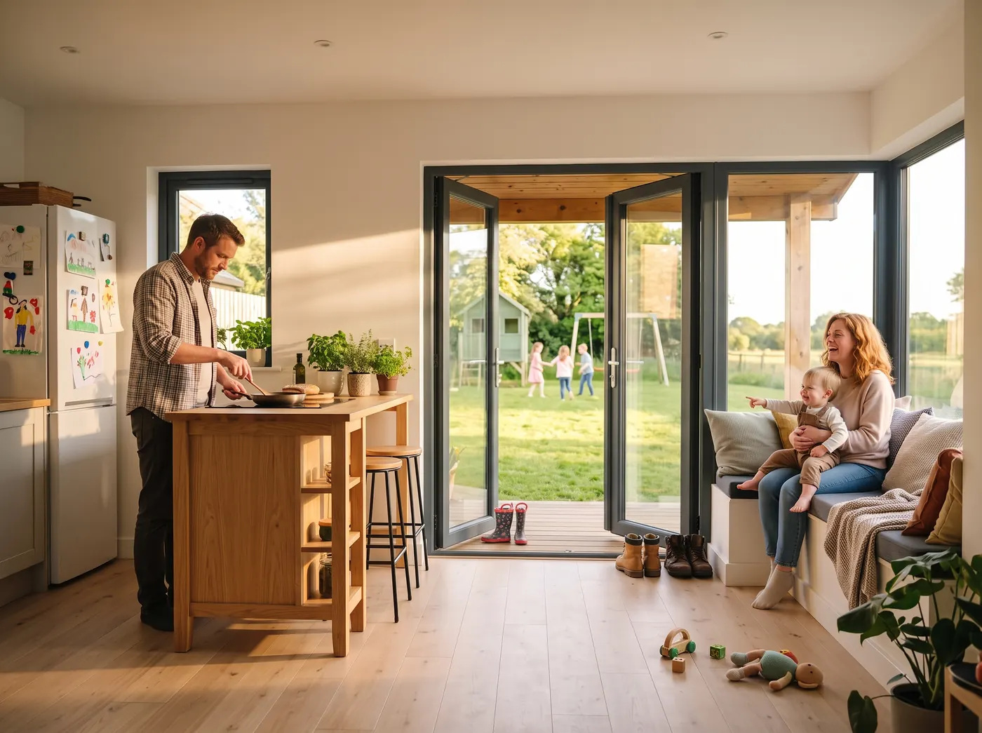 Inside one of the homes: a bright living room with a big glazed door open onto the green, where children are playing