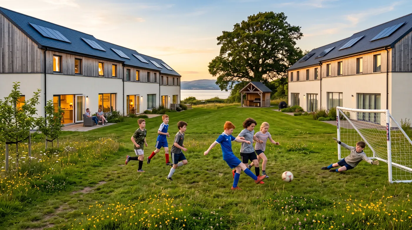 A kickabout on the meadow at the end of the green, with the homes and the oak behind