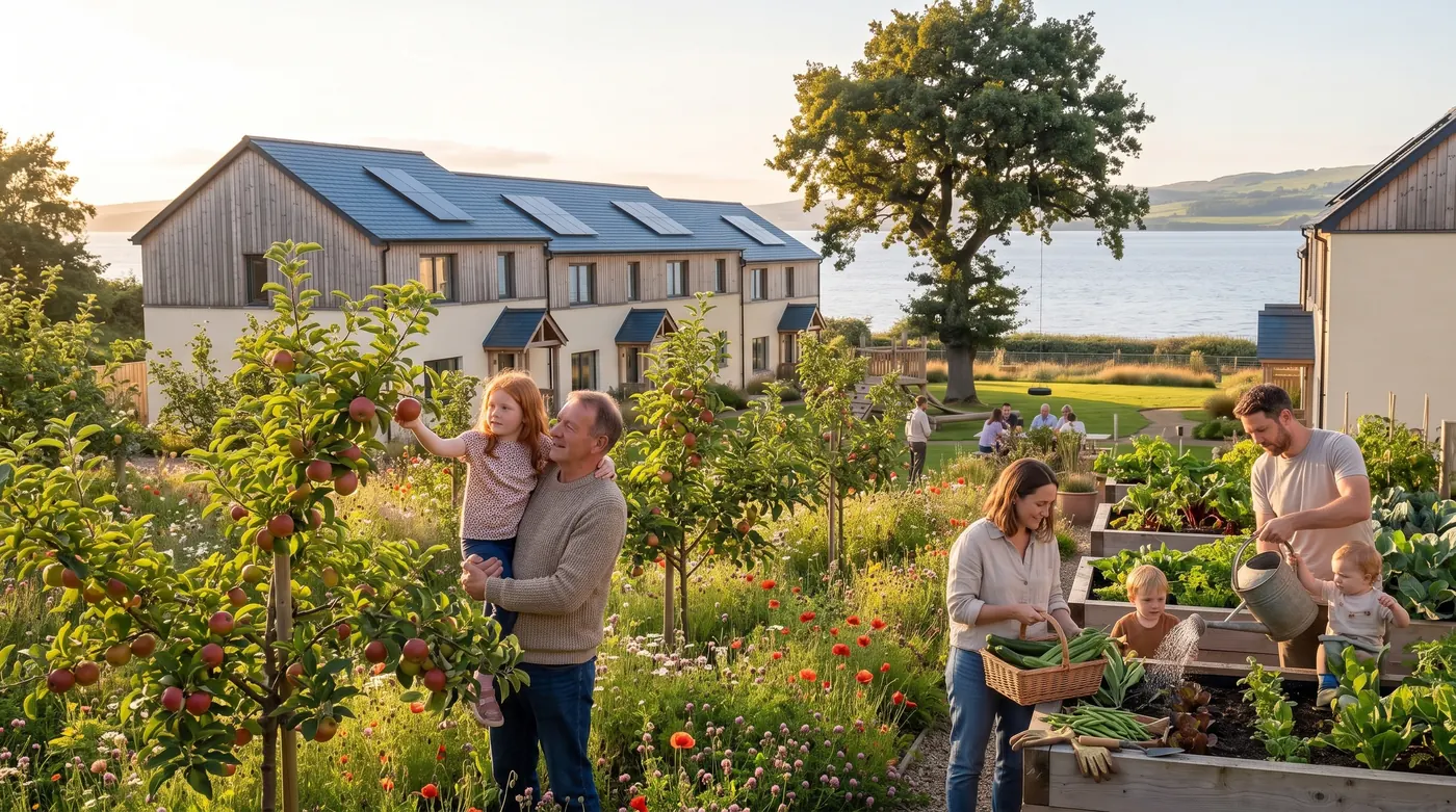 The orchard and raised beds at the edge of the site: a grandad lifting a girl to pick an apple, a mum filling a basket, a dad and toddler watering
