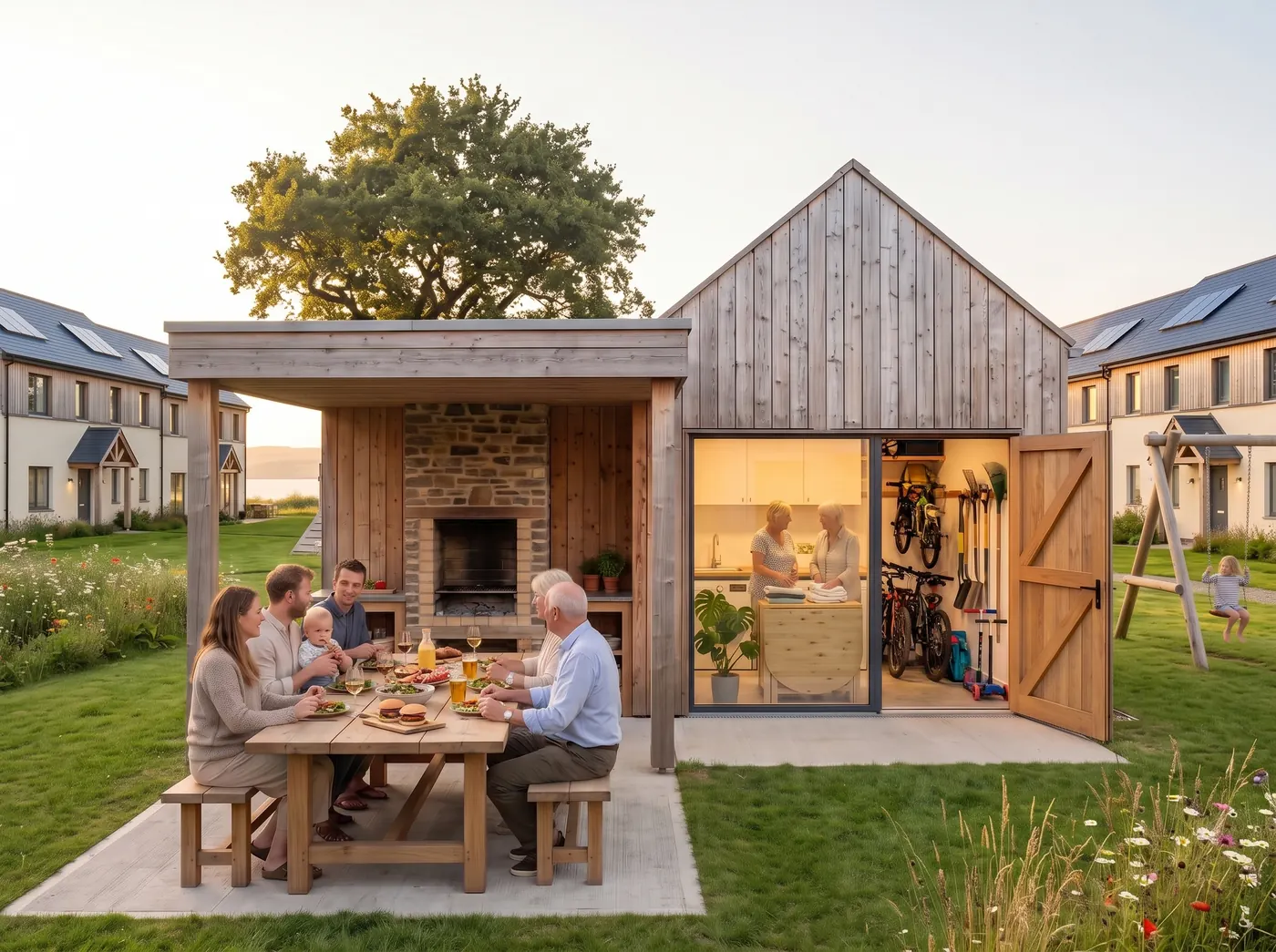 Neighbours at the long table under the pavilion's barbecue canopy at the lough end of the green